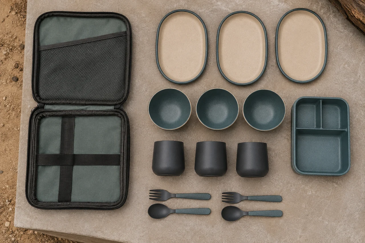 Flat-Case Dining Set Reference Configuration Outdoor dining set reference configuration with plates bowls tumblers lunch box cutlery and open flat carry case