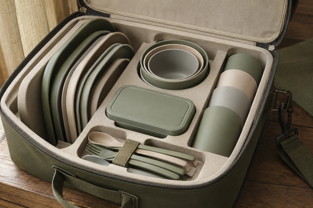 Flat Carry Case Nesting and Retention Detail Close view of nested outdoor dinnerware retained inside a structured flat carry case