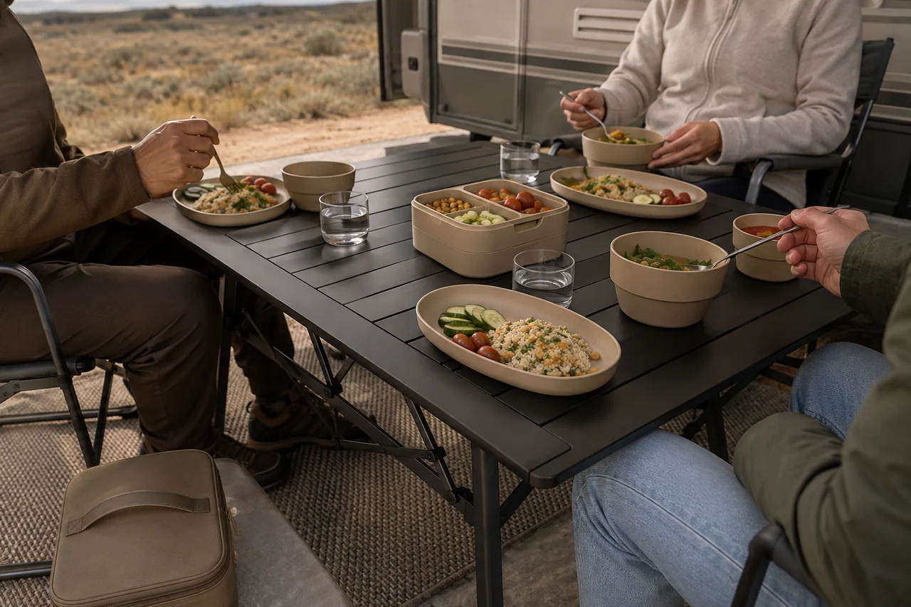 Outdoor Dining Set RV Application Scene Outdoor diners using oval plates bowls and a divided lunch box beside an RV