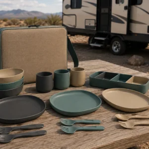 Outdoor dining set with oval plates bowls cups lunch box and cutlery at a desert RV campsite