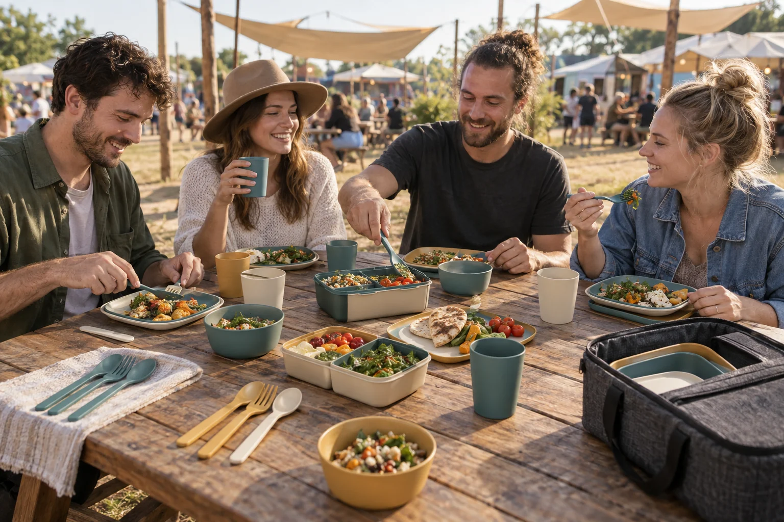 Flip-Tray Camping Dinnerware Application Four adults using a flip-tray camping dinnerware set at an outdoor event
