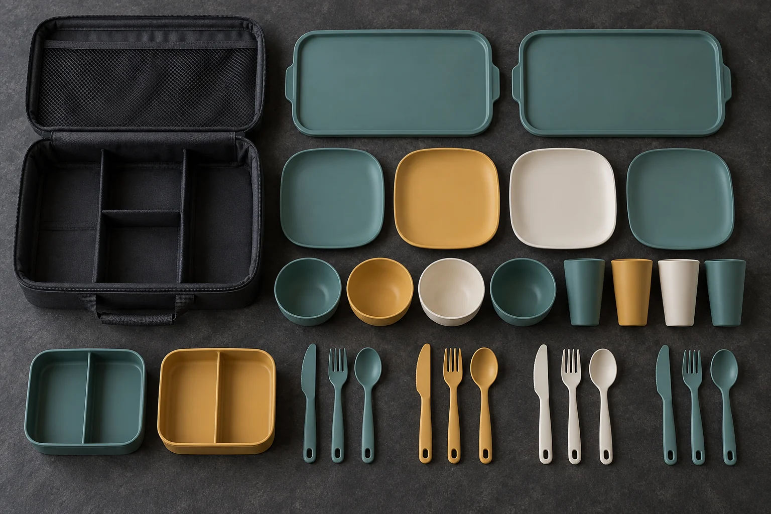 Flip-Tray Set Reference Configuration Flip-tray family camping dinnerware set configuration with four place settings