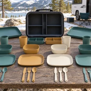 Complete flip-tray camping dinnerware set at a snow-edge caravan campsite
