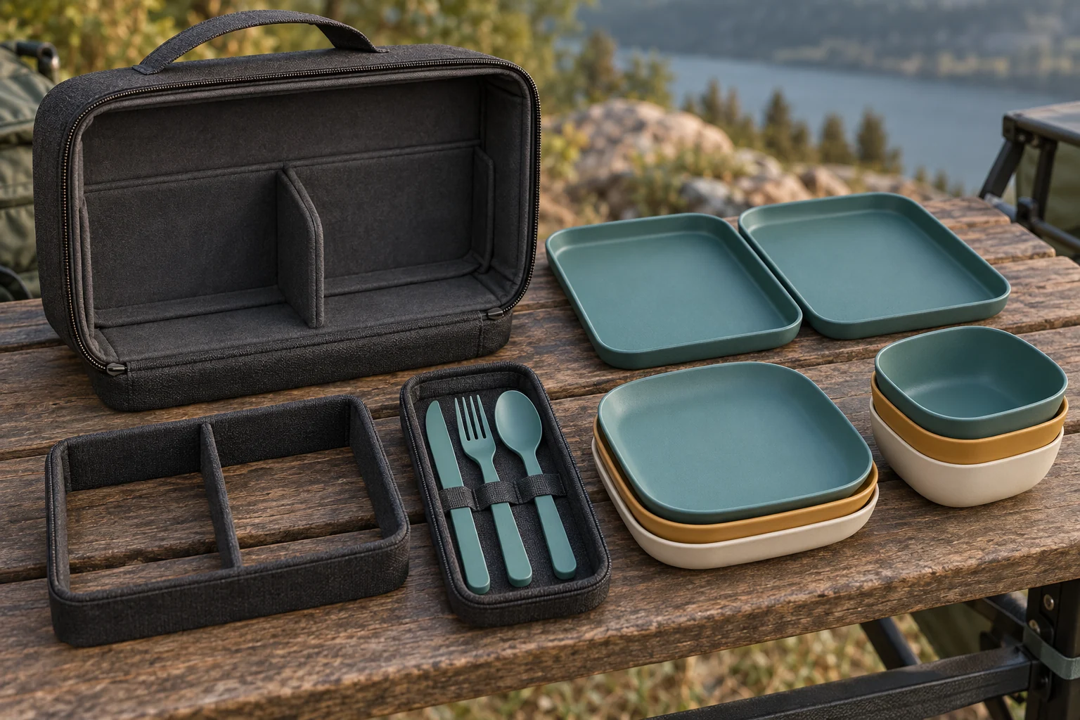 Flip-Tray Camping Set Storage Detail Removable tray divider and utensil cassette storage detail in a camping dinnerware case