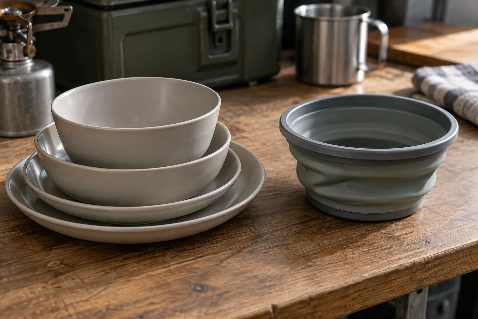 Rigid Stack and Collapsible Fold Geometry Close comparison of a rigid dinnerware stack and collapsible bowl fold geometry