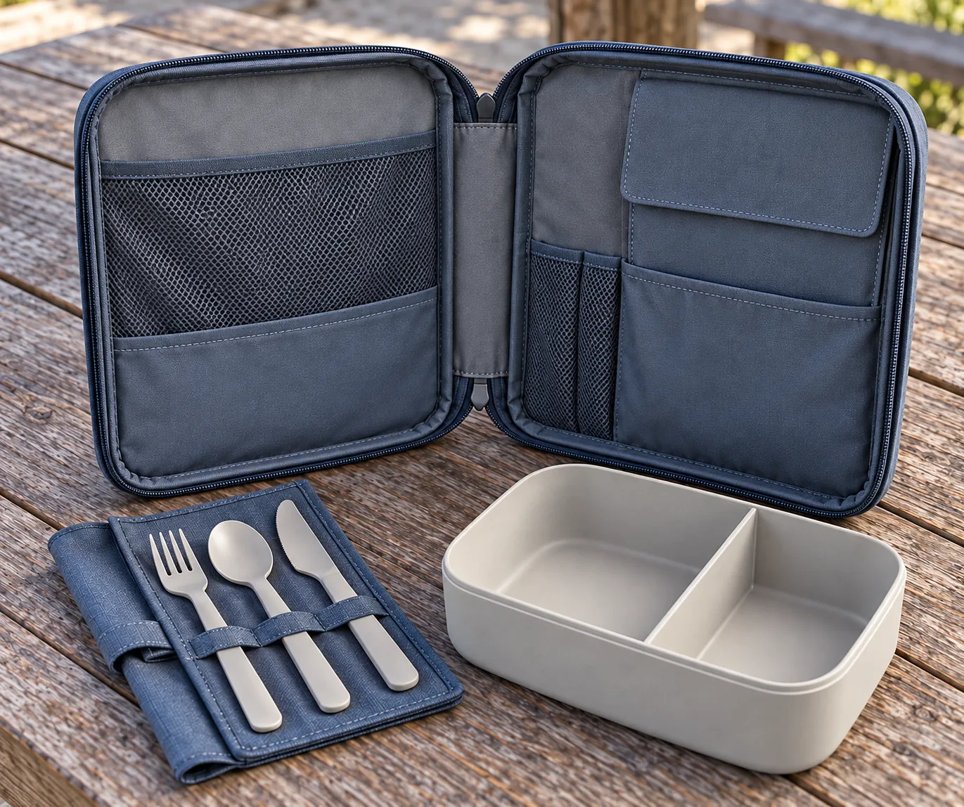 Folio-case pocket and cutlery detail Concept close-up of slate-blue book-opening carry-case pockets, cutlery sleeve and divided lunch box