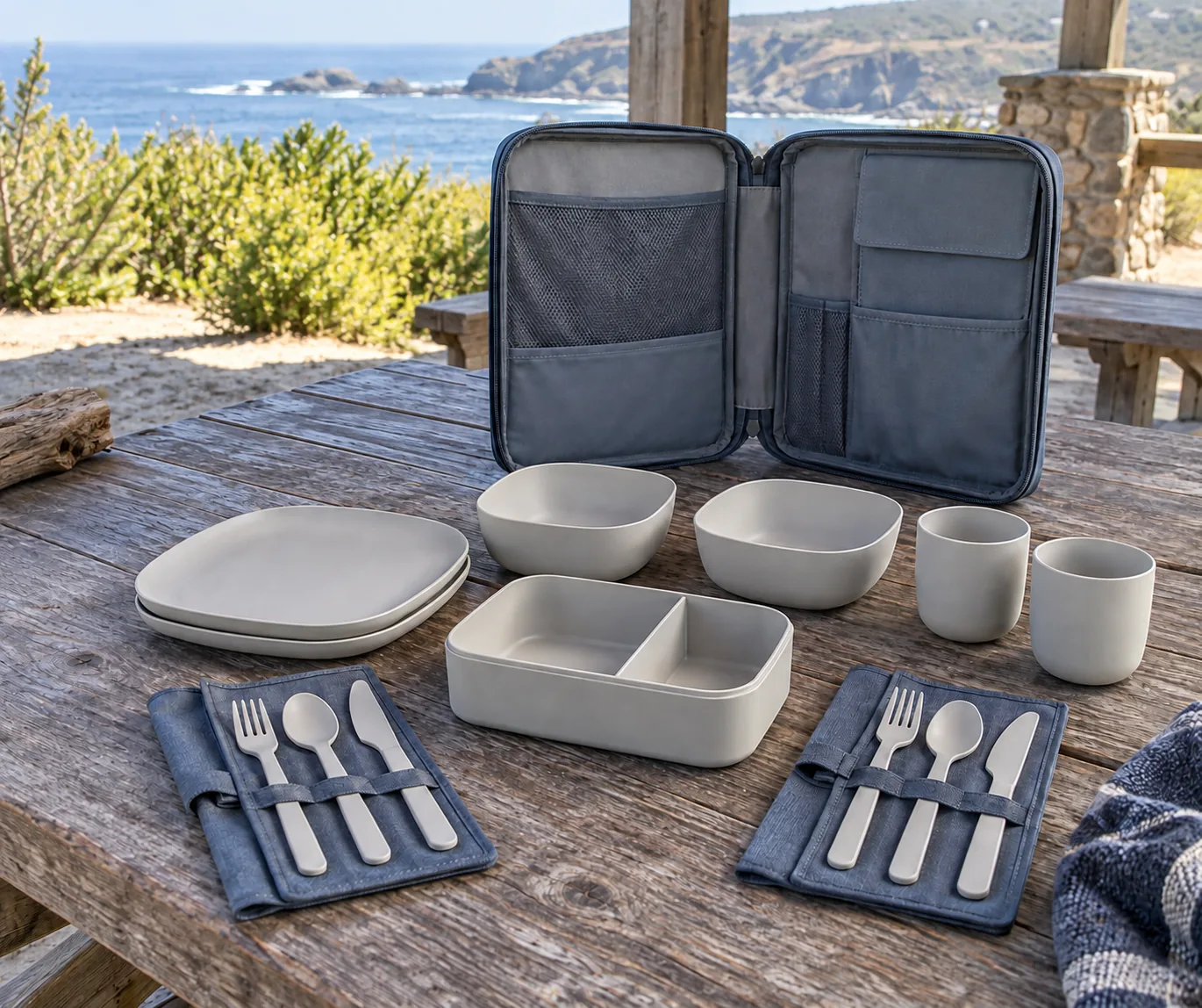 Camping dinnerware set concept with one open slate-blue folio case, rounded-square plates and bowls, cups, divided lunch box and cutlery at a coastal shelter