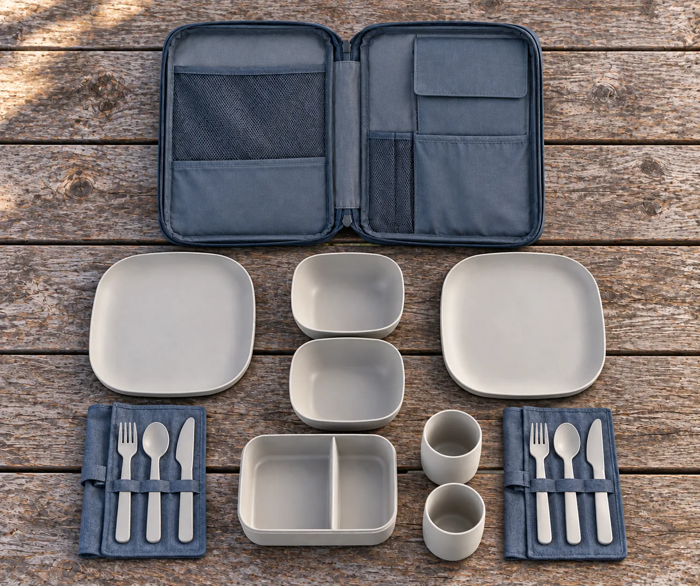 Folio-case two-person component configuration Overhead concept configuration of two rounded-square plates, bowls, cups, cutlery sleeves, divided lunch box and one folio carry case