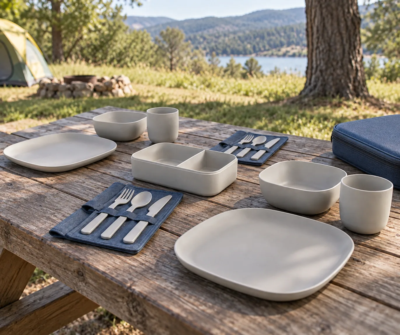 Folio-case two-person grassland dining concept Concept two-person rounded-square outdoor dinnerware settings with divided lunch container and cutlery sleeves on a grassland campsite table, folio case at the side