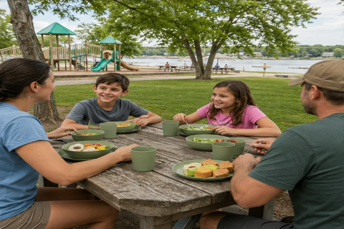 Four-Person Camping Set Use Scenario Four-person camping dinnerware set in a realistic family park picnic scenario