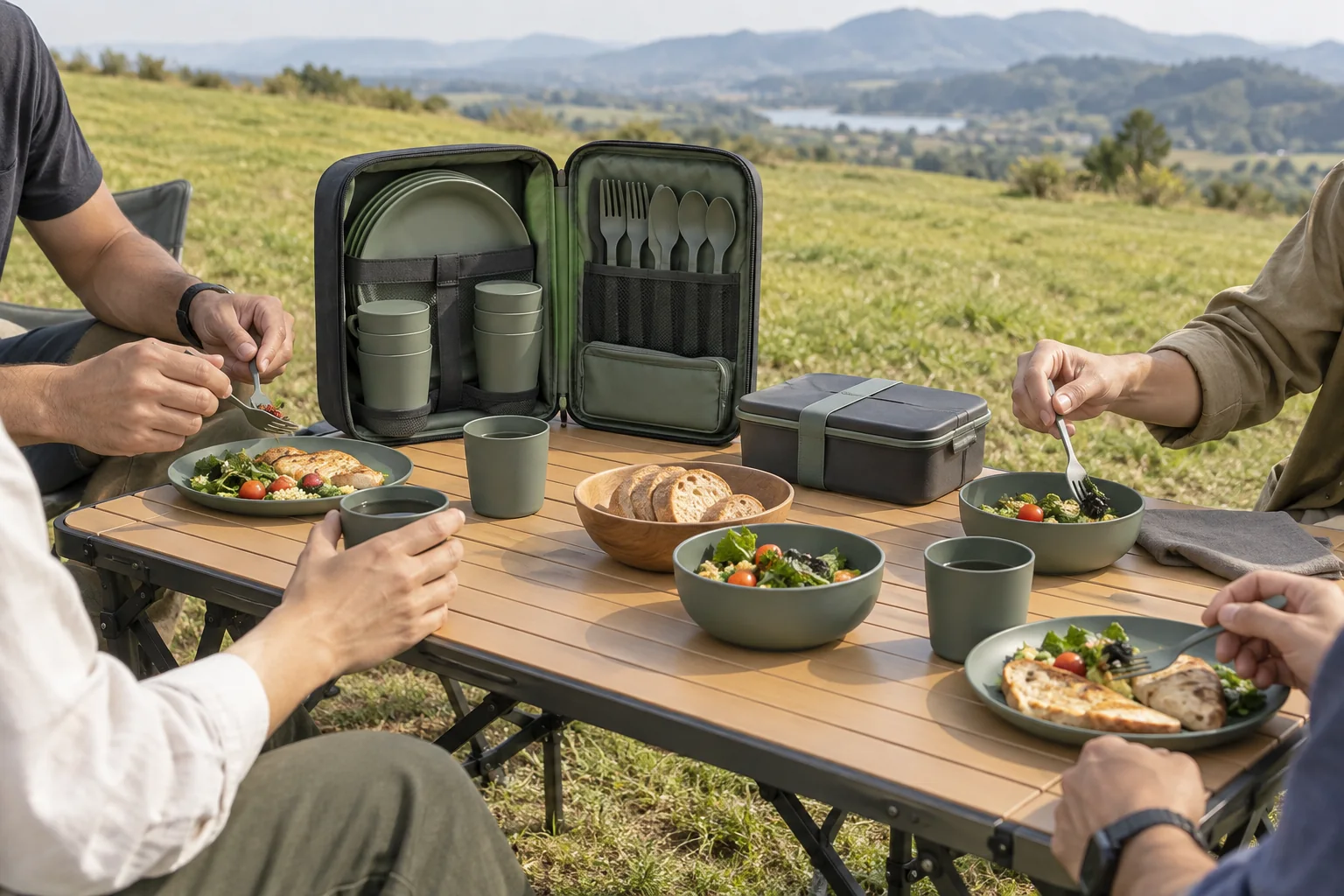 Gatefold dinnerware set outdoor application concept Four adults using coordinated outdoor dinnerware beside an open gatefold carry case at a grassland picnic table