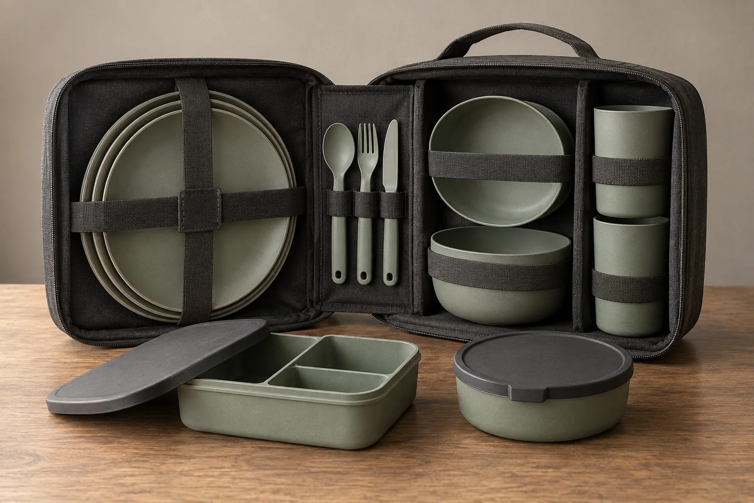 Gatefold dinnerware reference configuration Gatefold carry case with retained plates bowls cups utensils and removable food-container concepts for buyer configuration review