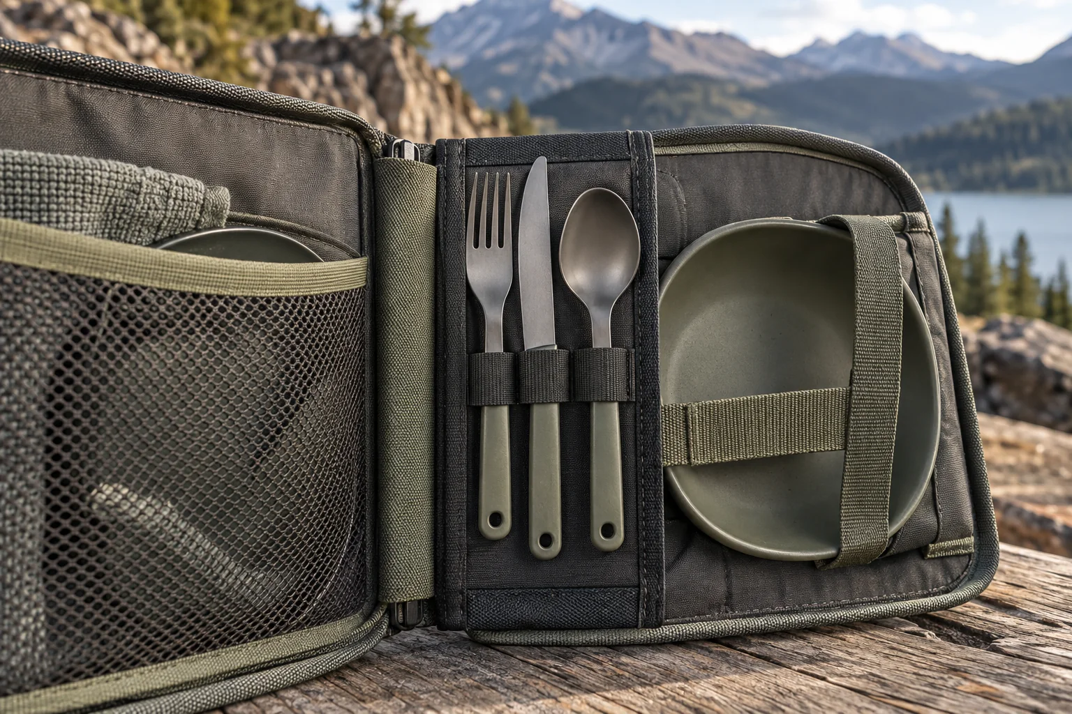 Gatefold carry-case retention detail Close-up of utensil spine mesh pocket retention strap and reinforced hinge on a gatefold outdoor dinnerware case concept