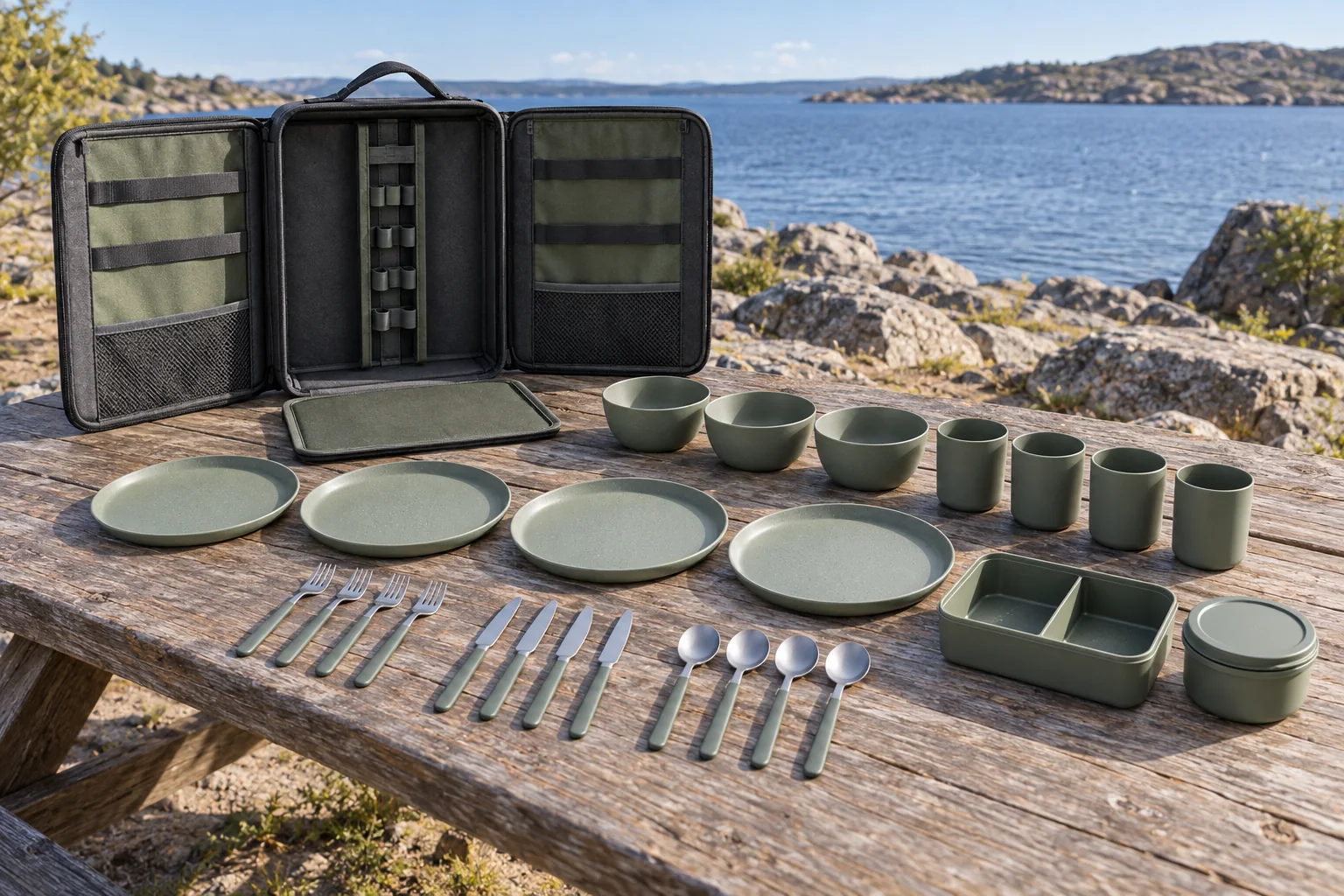 Gatefold camping dinnerware set with sage plates bowls cups cutlery containers and an empty carry case at a lakeside table