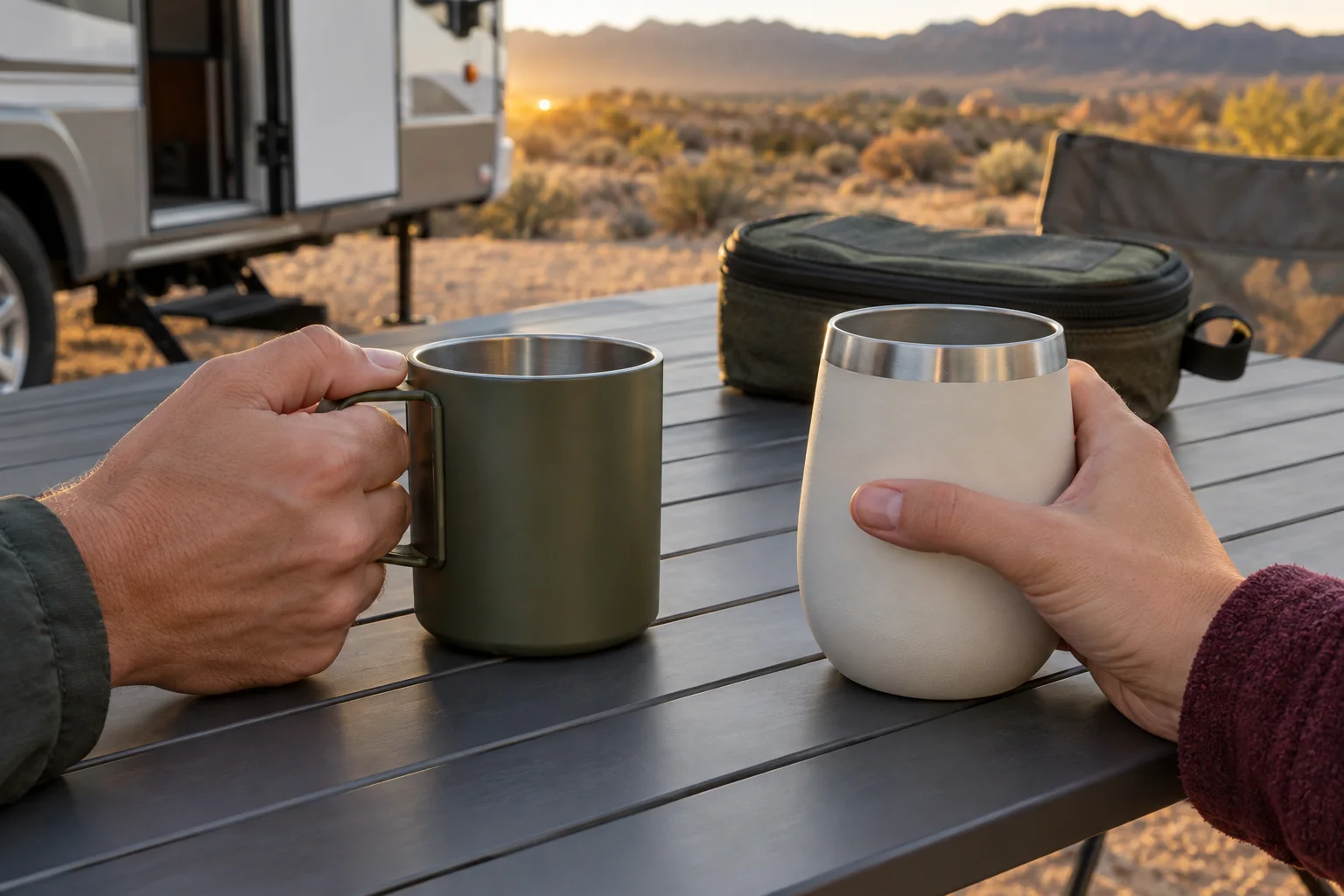 Handled and Handleless Cup Grip Review Adult hands comparing a handled camping cup and a handleless tumbler at an RV site