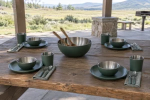 Group camping dinnerware configuration with shared serving pieces and four place settings