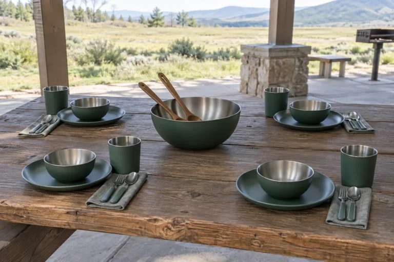 Group camping dinnerware configuration with shared serving pieces and four place settings