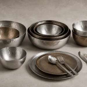 Custom hammered outdoor bowl set development concept in silver and bronze finishes