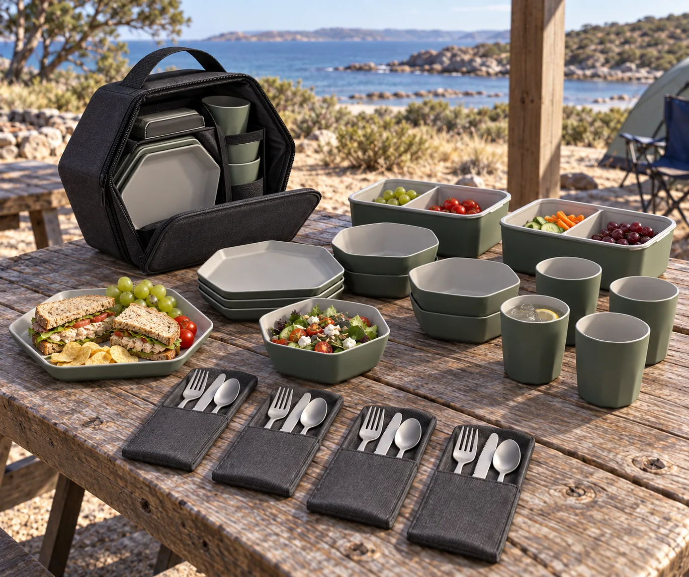 Hex-Nest Camping Set Coastal Application Hex-nest dinnerware concept arranged at a coastal picnic shelter with soft carry pod