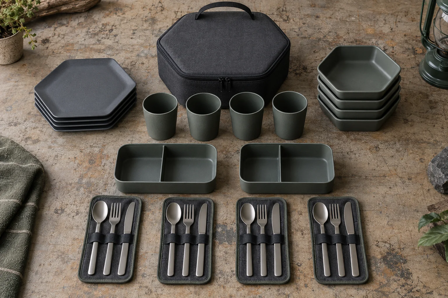 Hex-Nest Set Reference Configuration Hexagonal camping dinnerware reference configuration with plates bowls cups divided boxes and cutlery sleeves