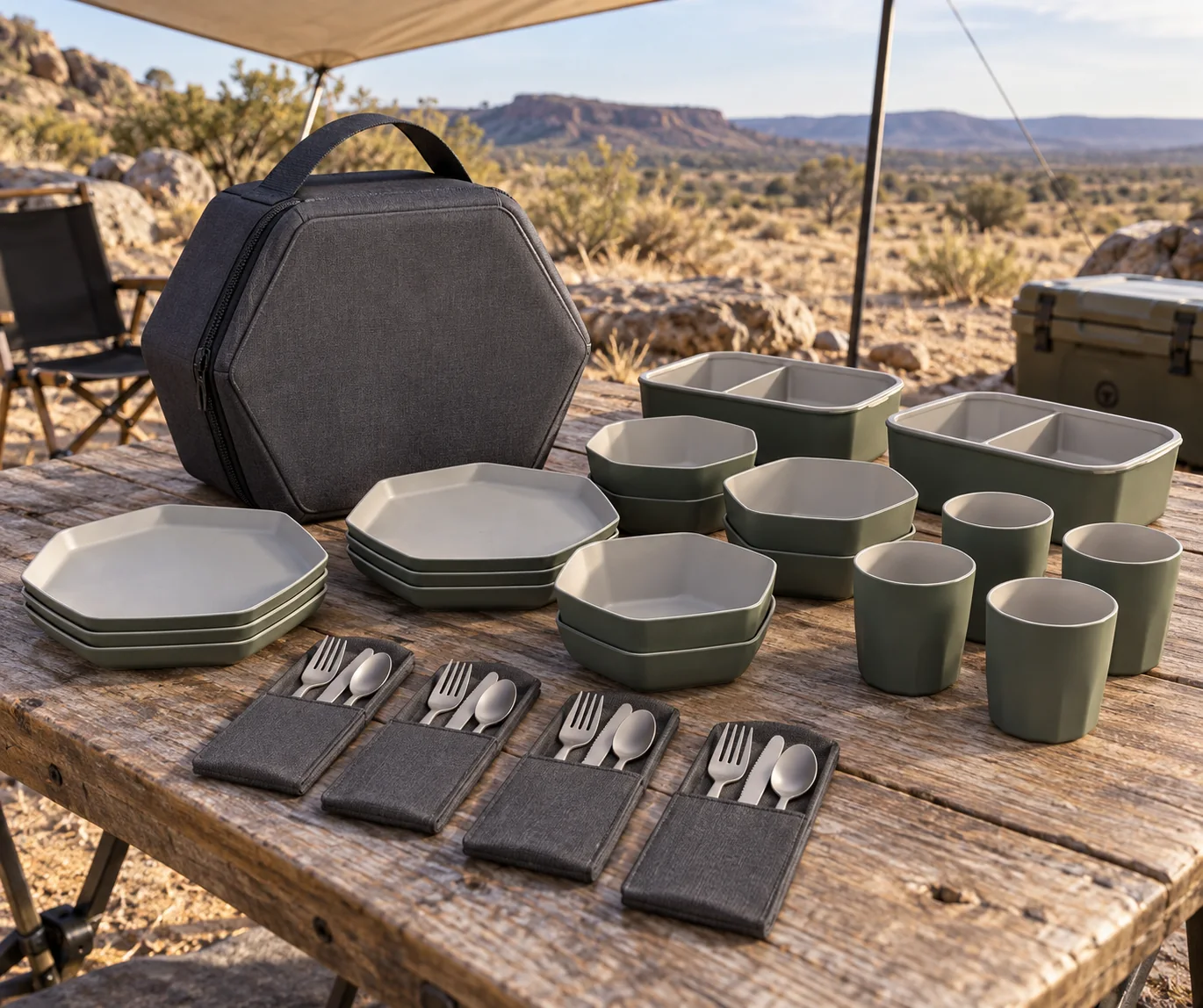 Hex-nest camping dinnerware set concept with soft pod plates bowls cups lunch boxes and cutlery at a dryland campsite