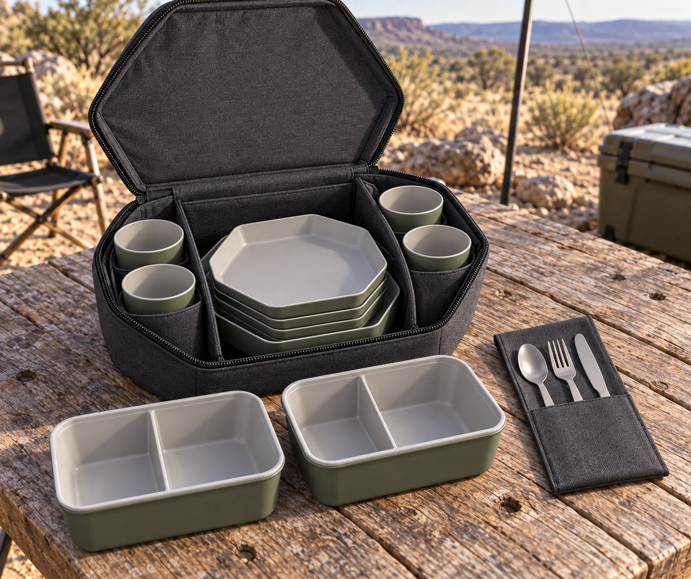 Hex-Nest Soft Pod Storage Detail Open soft hexagonal carry pod showing nested plates bowls cups and separate lunch boxes