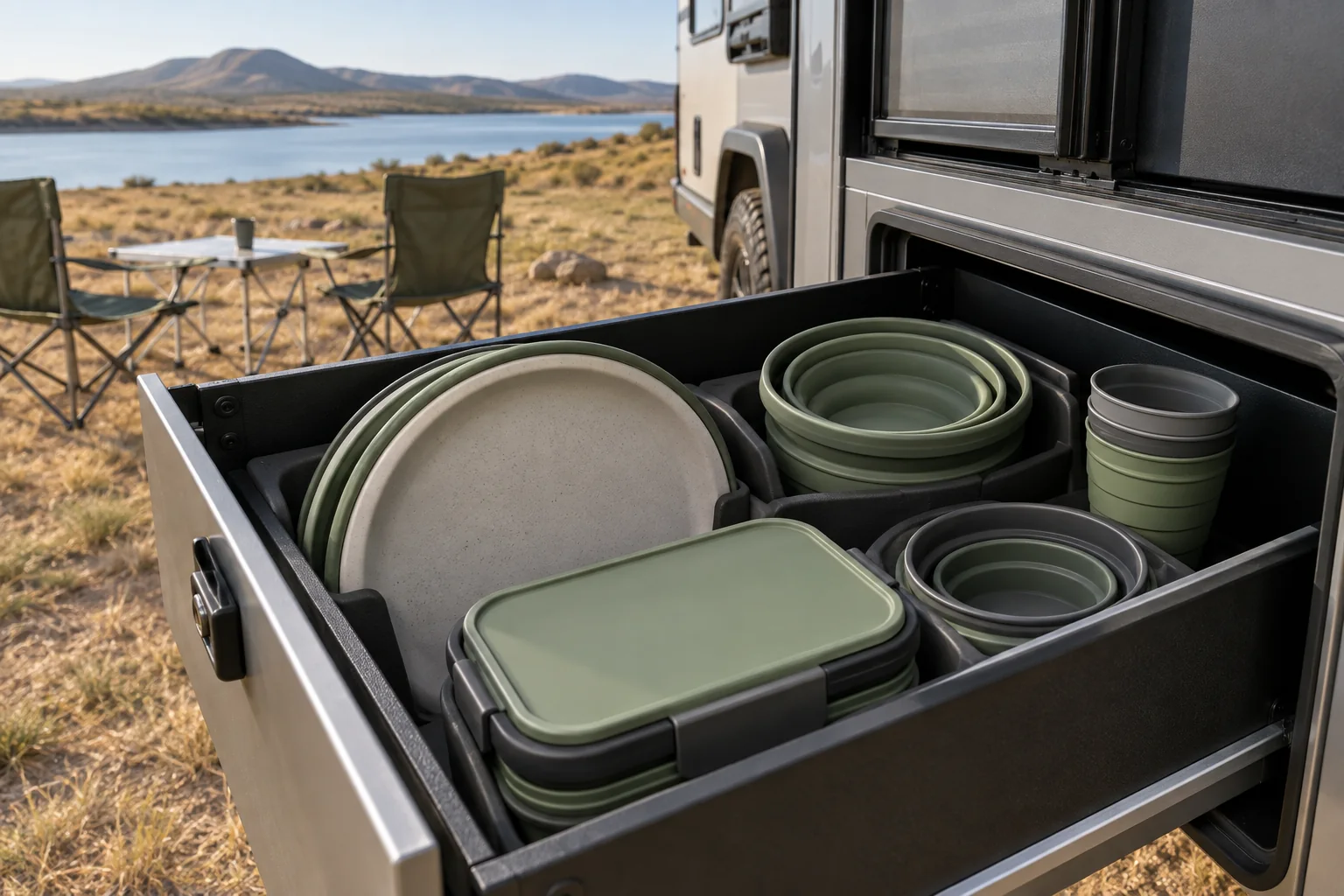 Hybrid Camping Dinnerware RV Packout Hybrid camping dinnerware set packed in an open recreational vehicle drawer
