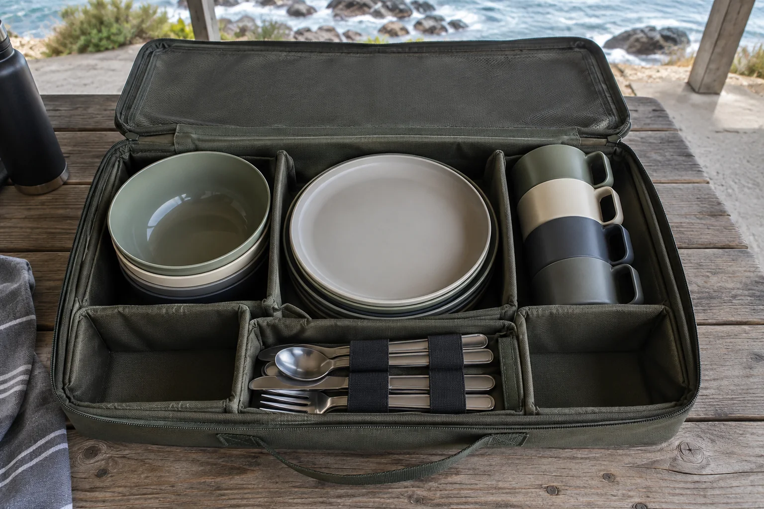 Camping tableware carry case showing retained components and unused corner voids