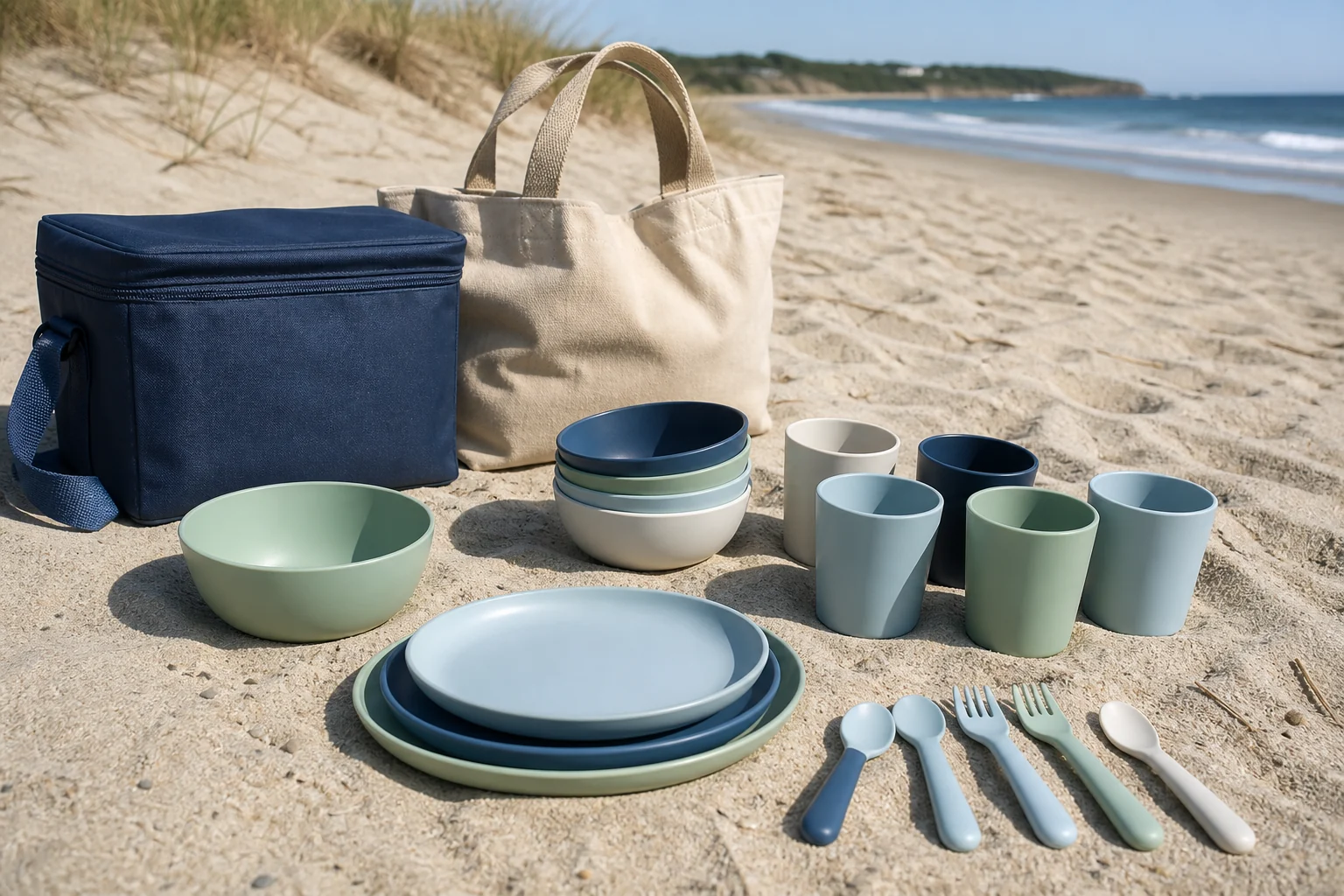 Kids Picnic Tableware Coastal Application Concept Two-child picnic tableware application concept at a coastal beach