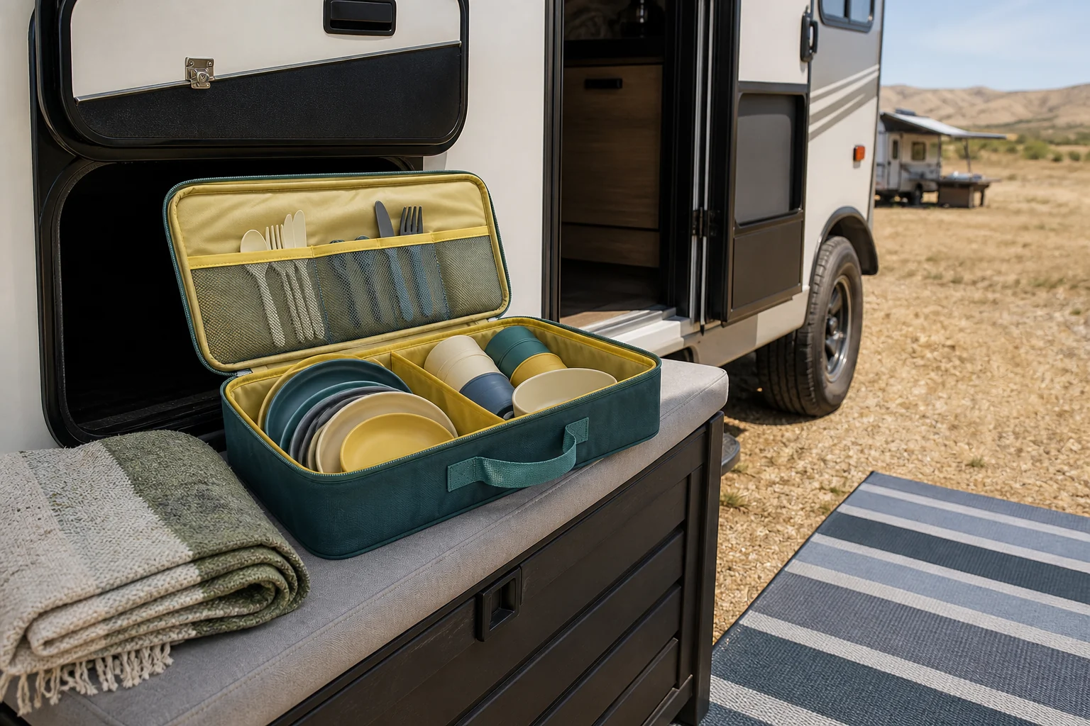 Kids Outdoor Tableware RV Carry-Case Review Kids outdoor tableware carry-case pack-out concept beside an RV