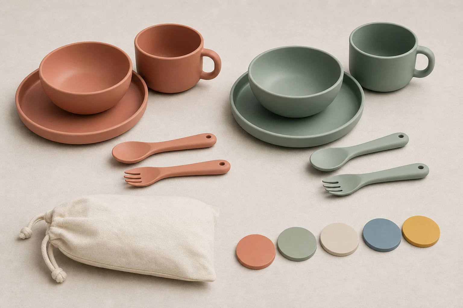 Two-Child Tableware Component Combination Review Two-child outdoor tableware component combination on a neutral sample-review table