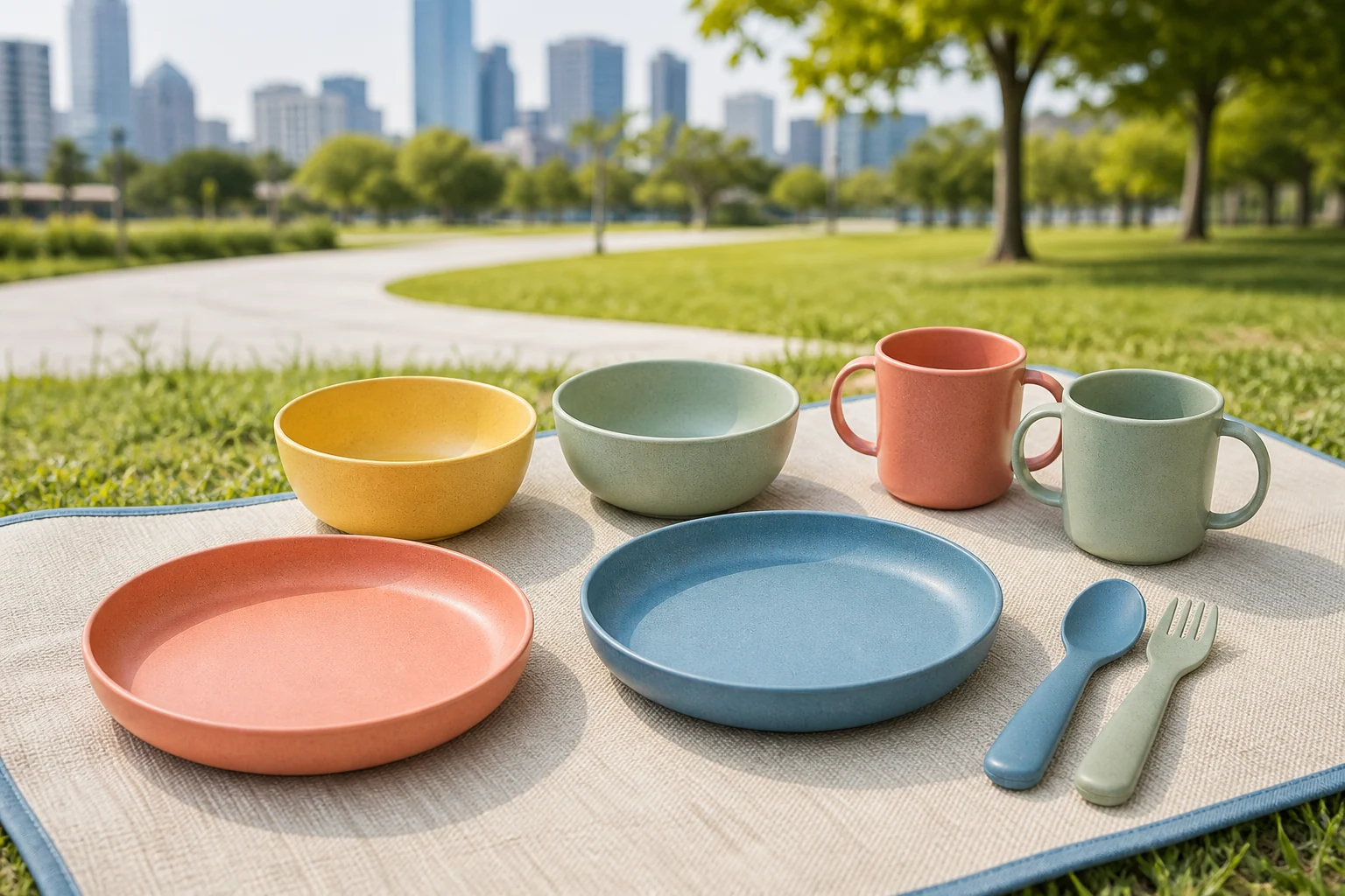 Two-Child Outdoor Picnic Set Urban Park Concept Custom two-child outdoor picnic tableware set concept in an urban park