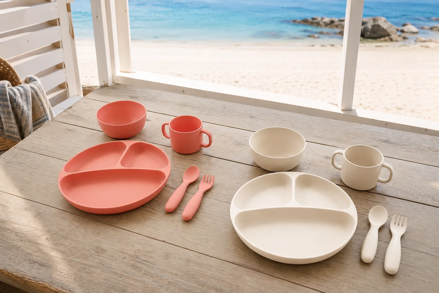 Two-user kids outdoor tableware component allocation at a coastal shelter