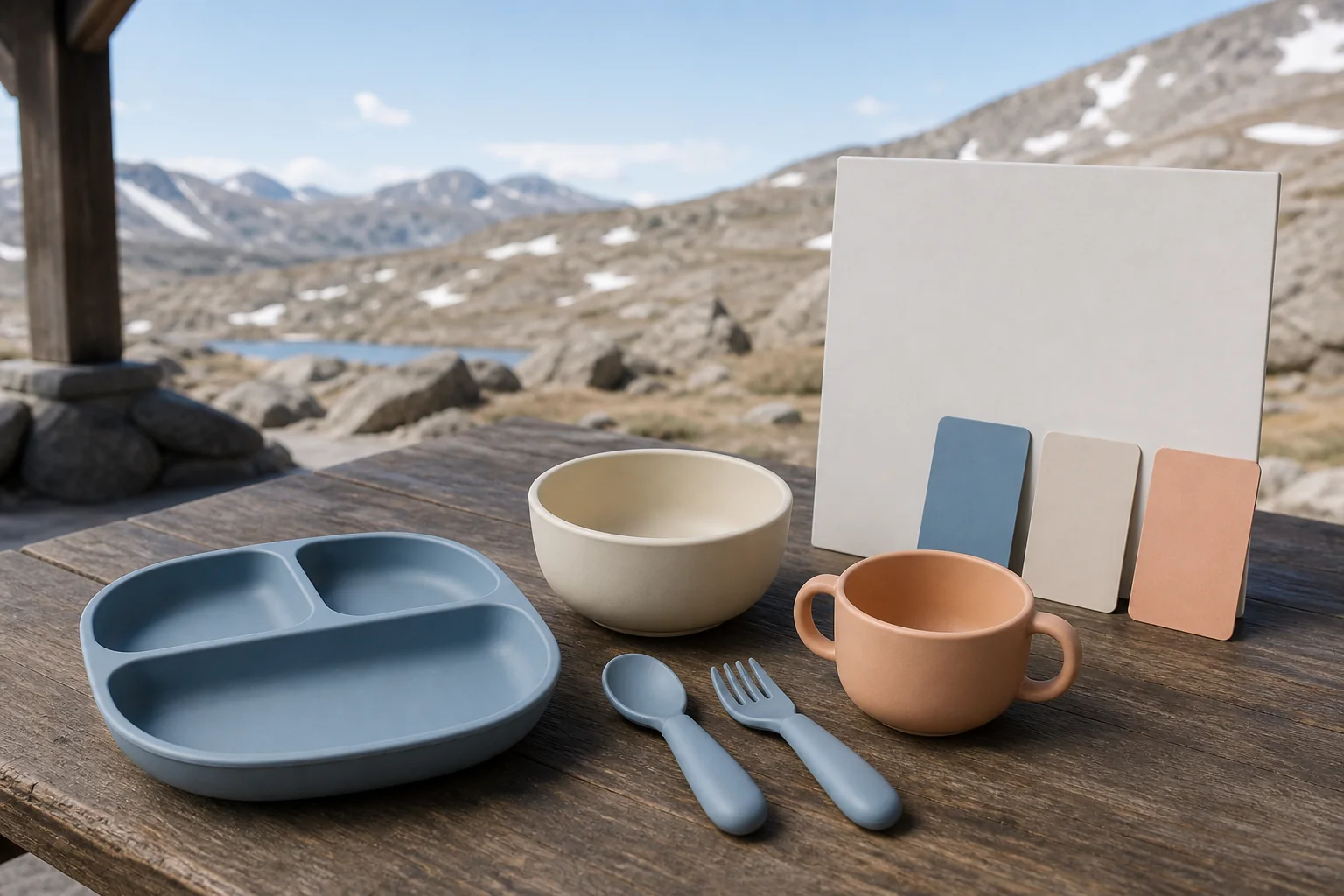 Kids outdoor tableware color and sample review at a mountain shelter