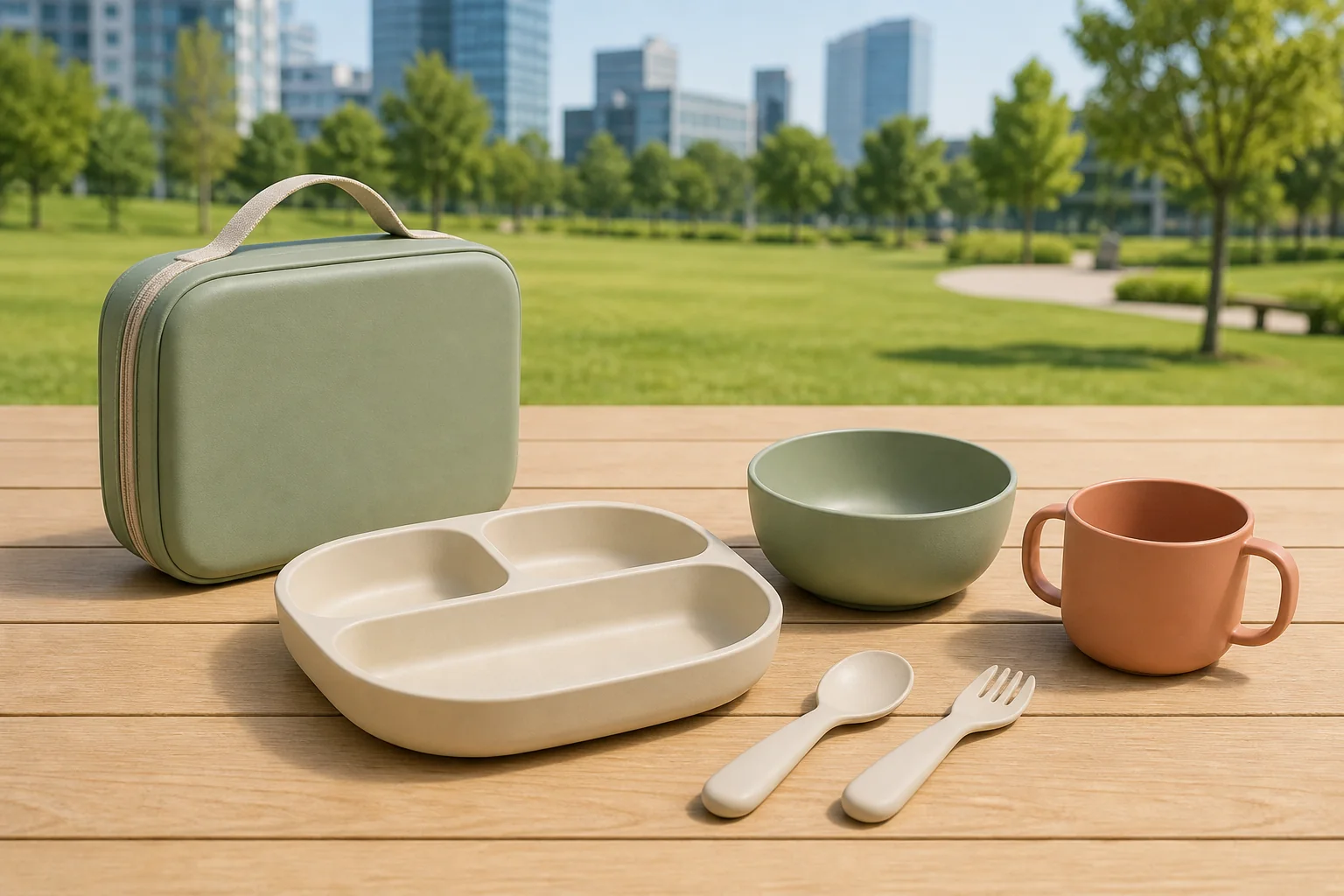 Custom kids outdoor tableware set development concept at a park picnic