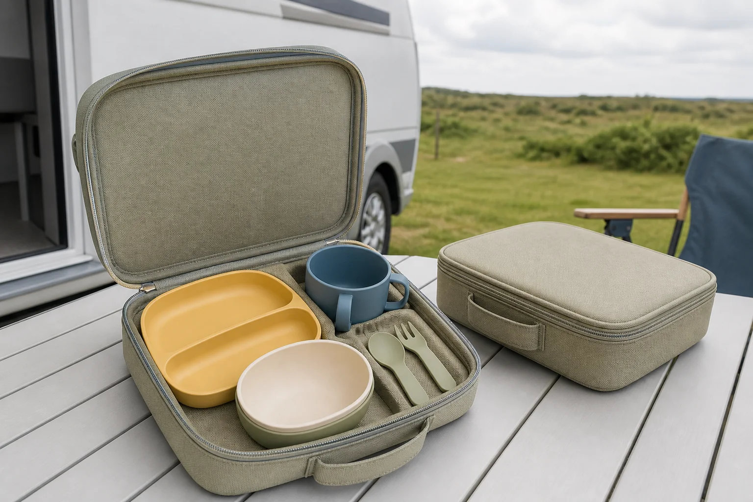 Kids outdoor tableware nesting and carry case review beside an RV