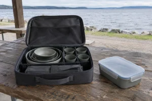 Lunch box camping dinnerware set concept at lakeside shelter with dinnerware carry case and separate lidded container for buyer comparison