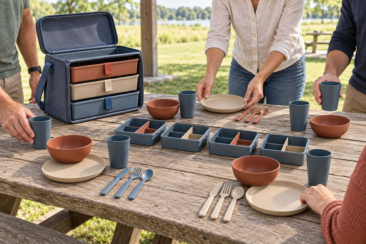 Lift-Out Tier Set Outdoor Application Lift-out tier camping dinnerware set arranged for four adults at a park shelter