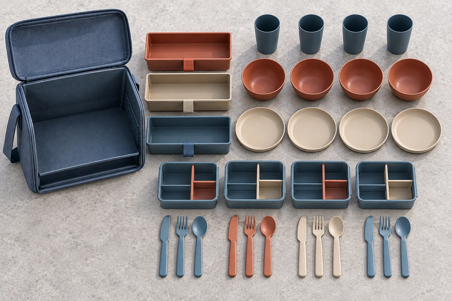 Lift-Out Tier Set Reference Configuration Four-person camping dinnerware components and three removable lift-out trays