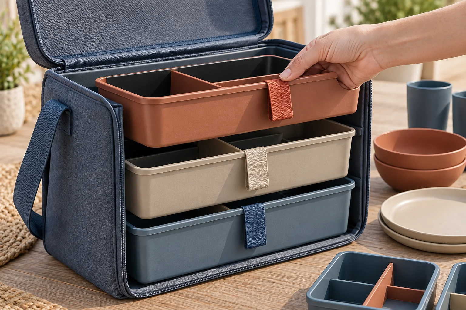 Lift-Out Tray Storage Detail Close detail of removable pull-tab trays in a rigid top-opening camping dinnerware tote