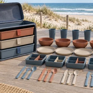 Complete lift-out tier camping dinnerware set with three trays at a beach picnic deck