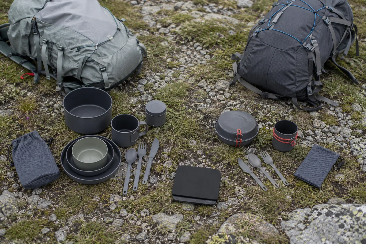 Lightweight and Ultralight Tableware Pack-Out Comparison Lightweight vs ultralight camping tableware pack-out comparison beside hiking backpacks