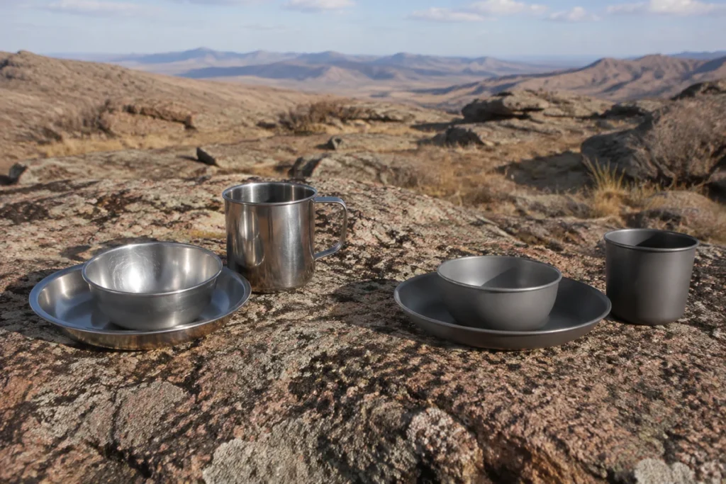 Lightweight vs ultralight camping tableware compared on an open rocky plateau