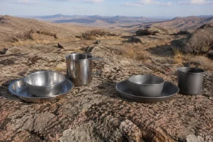 Lightweight vs ultralight camping tableware compared on an open rocky plateau