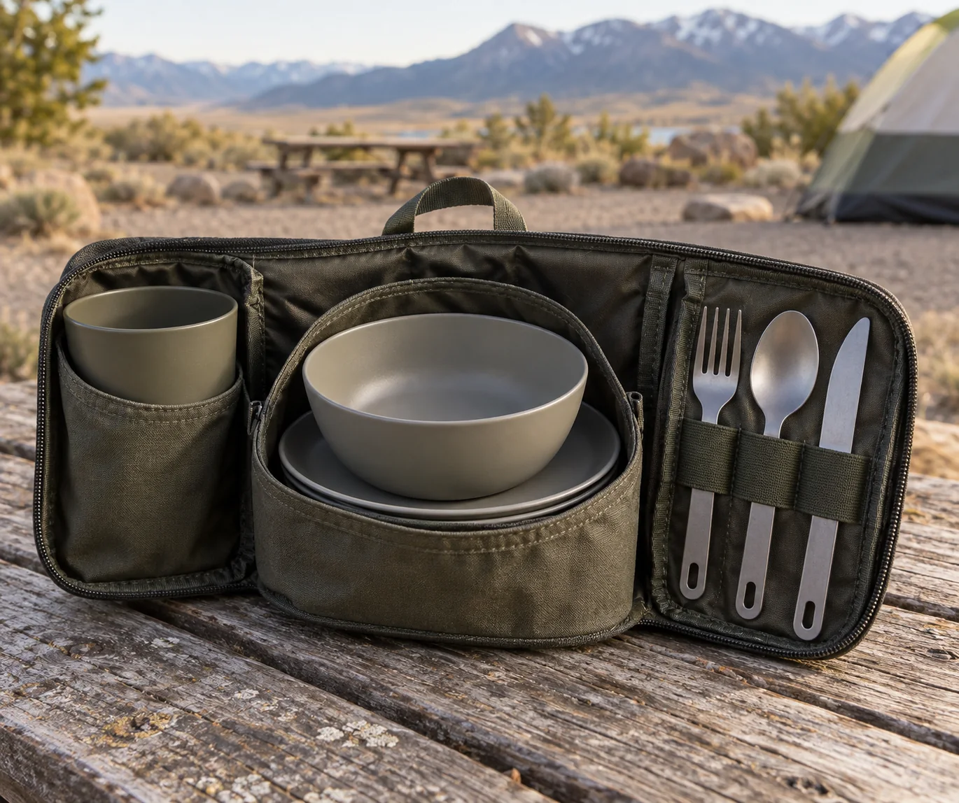 Open camping dinnerware carry pouch with bowl plate cup and utensils in separate retention areas