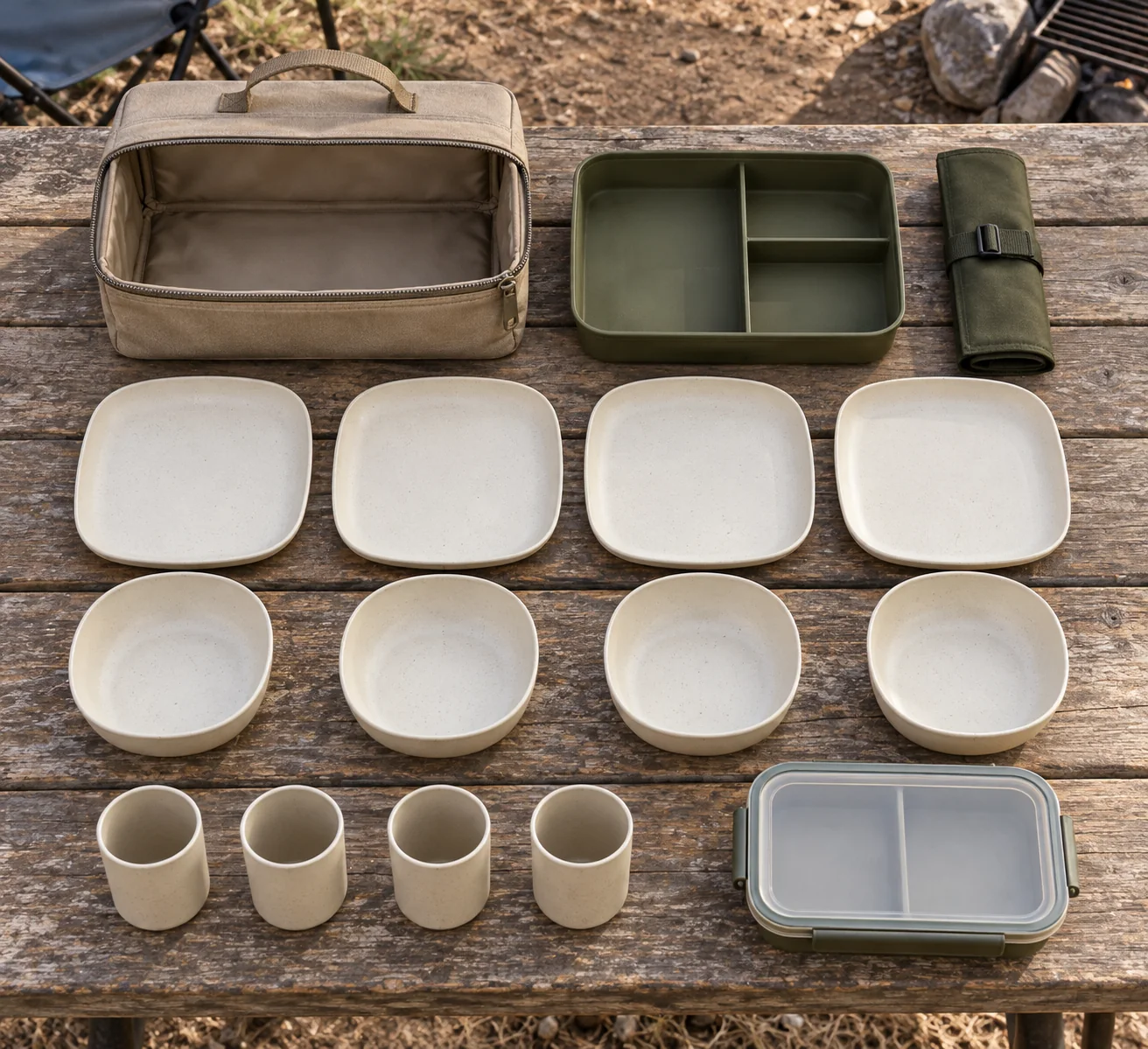 Low caddy component configuration concept Overhead low caddy camping dinnerware concept with empty sand case, removable olive organizer, four softly squared plates, bowls and cups, closed cutlery roll and separate food container