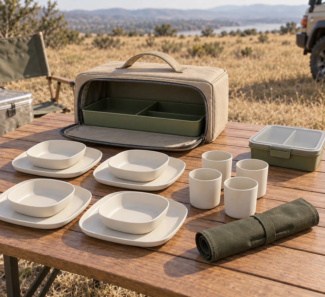 Low caddy camping dinnerware set concept at dry grassland camp with sand fabric case, four cream plate and bowl settings, four cups, cutlery roll and separate food container