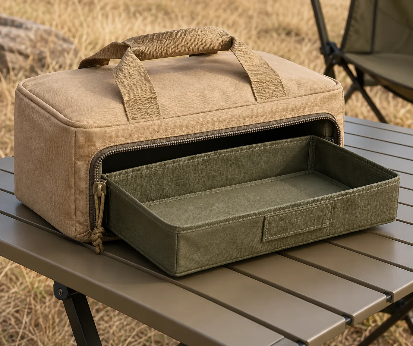 Low caddy front opening and organizer detail Close concept view of sand fabric low carry caddy with front zipper, stitched short handle and olive lift-out organizer tray