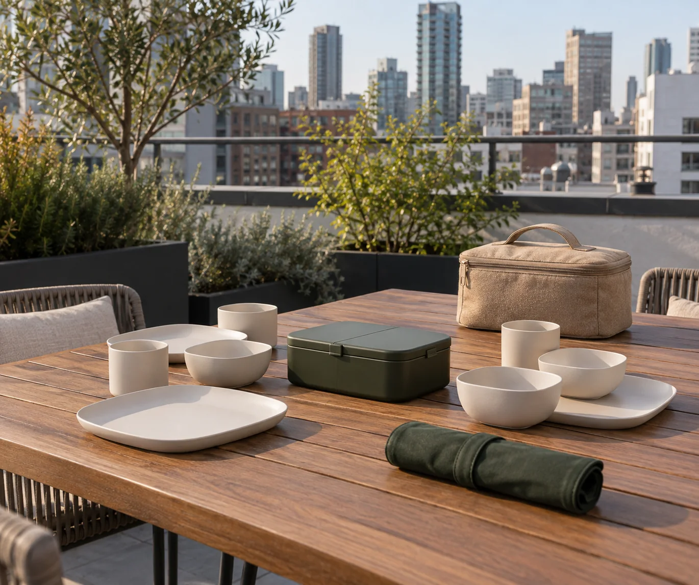Low caddy outdoor terrace application concept Partial outdoor table setting with softly squared cream plates, bowls and cups, closed sand fabric low caddy and separate food container on urban rooftop terrace