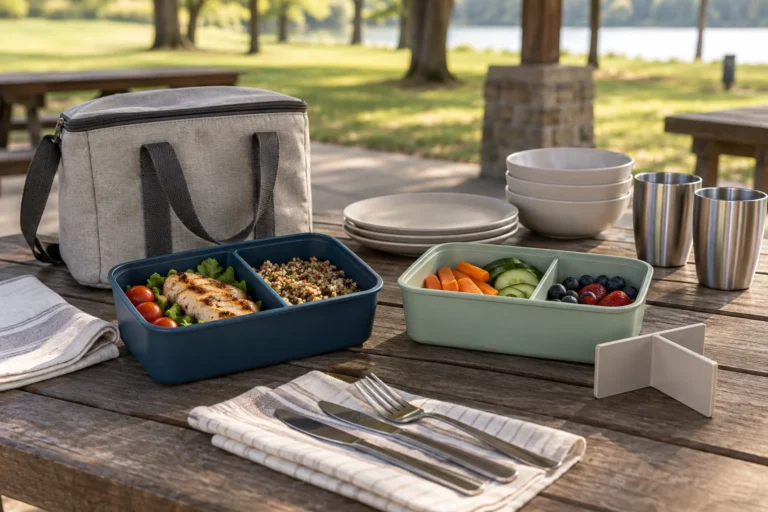 Fixed and removable camping lunch box divider designs reviewed with outdoor dinnerware and a carry bag at a park pavilion